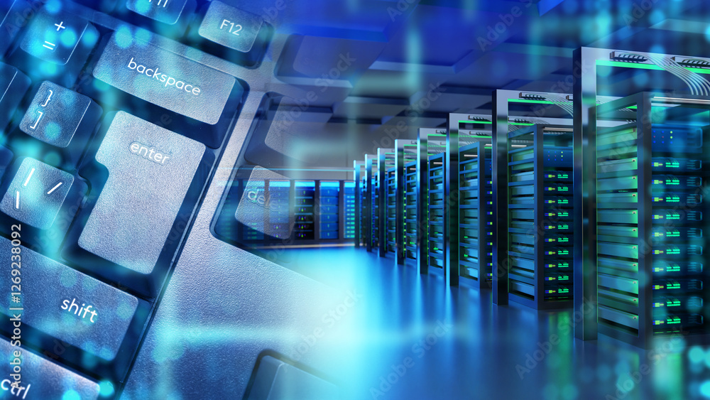 Poster server equipment. keyboard for data center control. server premises for hosting company. data center
