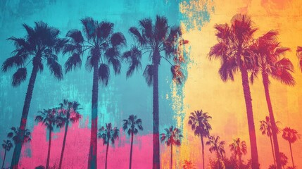 Colorful palm trees against vibrant textured sky.