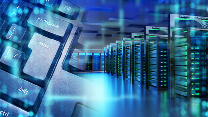 Server equipment. Keyboard for data center control. Server premises for hosting company. Data...