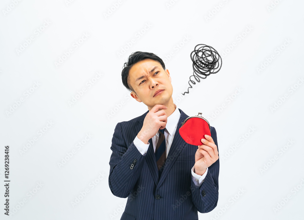 Leinwandbilder お金、不安、心配、困る、悩む、疑問、不満、お小遣い、支出、コスト、資金、散財、貧乏、貧困、賃上げ、値上げ、給料、コストカット、残念、落ち込む、がっかり、ストレス、ミドル、ミドルエイジ、中年、男性、日本人、おじさん、ビジネス、ビジネスマン、ビジネスパーソン、スーツ、仕事、会社員、サラリーマン、ローン、銀行、財布、投資、資産運用、貯金、破産、憂うつ、トラブル、問題、詐欺、考える、悩み、人物