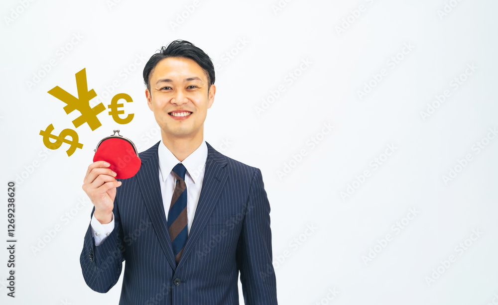 Poster お金、マネー、現金、笑顔、金融、貯金、副業、ボーナス、給料、賃上げ、外貨、為替、外為、円高、円安、ドル、ユーロ、財布、ビジネス、ビジネスパーソン、ビジネスマン、男性、日本人、節税、税理士、FP、ファイナンシャルプランナー、投資、資産運用、ミドル、ミドルエイジ、中年、30代、40代、おじさん、スーツ、仕事、会社員、サラリーマン、お小遣い、貯蓄、稼ぐ、儲け、利益、収益、FIRE、セミリタイア、アーリー