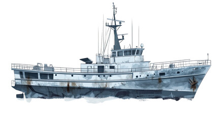 Naklejka premium Aging fishing boat: A weathered and worn fishing boat, showcasing the passage of time and the challenges of life at sea, is a striking illustration, exuding an aura of nautical mystique.