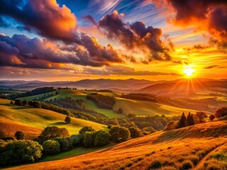 Stunning Sunset Landscape: Golden Hour Sky Over Rolling Hills
