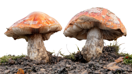 Earthy Twins: A detailed shot of two vibrant mushrooms with red-orange caps. These fungi are presented on a bed of rich soil and moss