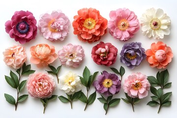 Beautiful peony blooms arranged separately against a clean white backdrop.
