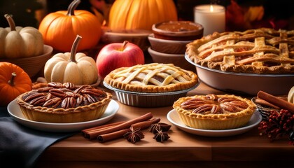 Generated image Close-up of a Thanksgiving dessert table with an assortment of pies like pumpkin, pecan