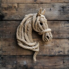 Obraz premium Intricately Crafted Nautical Knot in the Shape of a Horse on Rustic Wood
