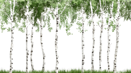 Birch Grove: A cluster of graceful birch trees stands tall, their distinctive white bark and delicate green leaves creating a serene, idyllic setting. Captured in a daylight.