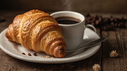 Ultra-Realistic Morning Bliss: A Golden, Flaky Croissant Paired with Steaming Coffee on a Rustic Wooden Table