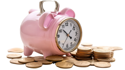 Pink Piggy Bank Clock and Coins: A pink piggy bank shaped like a clock rests on a pile of golden coins, symbolizing the passage of time and the accumulation of wealth.  