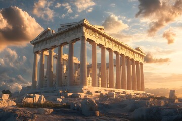 Obraz premium Ancient temple illuminated by sunset over rocky terrain in Greece showcases classical architecture