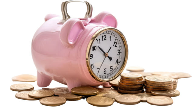 Pink Piggy Bank Clock and Coins: A pink piggy bank shaped like a clock rests on a pile of golden coins, symbolizing the passage of time and the accumulation of wealth.  