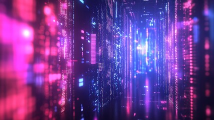 Abstract Digital Cityscape Neon Lights Glow