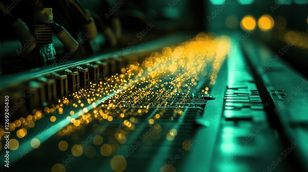 Poster golden data stream flows across server hardware