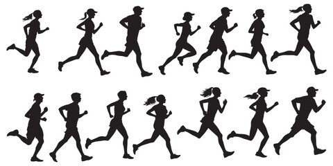 Set of male and female running silhouettes vector on white background