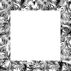 Monochrome square frame for greetings card, boutique logo, signboard, menu, postcard or photo frame with tropical floral pattern.eps