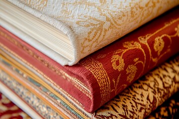 Stacked Books and Fabrics with Intricate Patterns