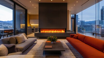 A Modern Urban Haven Featuring a Striking Electric Fire Element