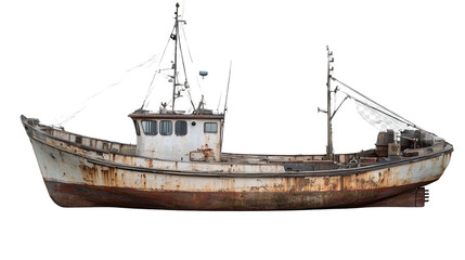 Naklejka premium Rustic Fishing Boat: A weathered fishing boat, exuding a sense of maritime history. Its aged structure hints at countless voyages across the open sea, evoking feelings of adventure and exploration.