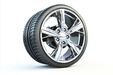Obraz premium Glossy black car wheel on white background. Artificial Intelligence