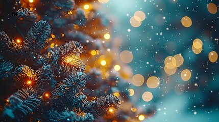 Snowy Christmas tree lights, winter wonderland bokeh background, holiday card