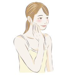 スキンケアをする女性｜頬に手を添える美容イラスト