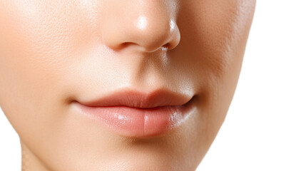 Naklejka premium Close-up of Face: A detailed close-up showcases a portion of a face, emphasizing the nose, lips, and the textures of the skin, offering a perspective on natural beauty and human features.