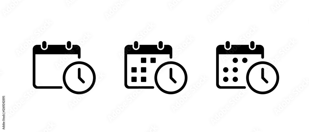 Poster calendar with clock icon set. date with time sign symbol