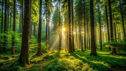Fototapeta premium Sun-Dappled Evergreen Forest: Lush Wilderness Greenery Stock Photo