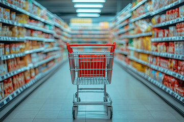A red shopping cart sits in the middle of a grocery store aisle with shelves full of various products