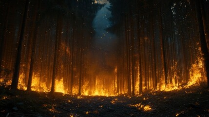 Fiery Inferno Consumes Dense Forest At Night