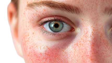 Fototapeta premium Intimate Gaze: A close-up shot of a face reveals intricate details, focusing on the captivating eye that gazes at the camera. The freckled complexion shows visible texture.