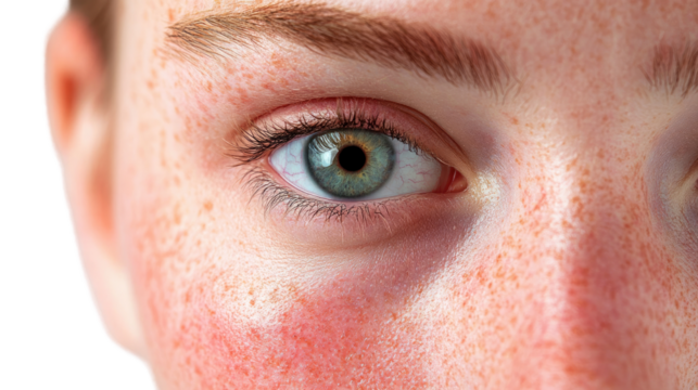 Intimate Gaze: A close-up shot of a face reveals intricate details, focusing on the captivating eye that gazes at the camera. The freckled complexion shows visible texture.