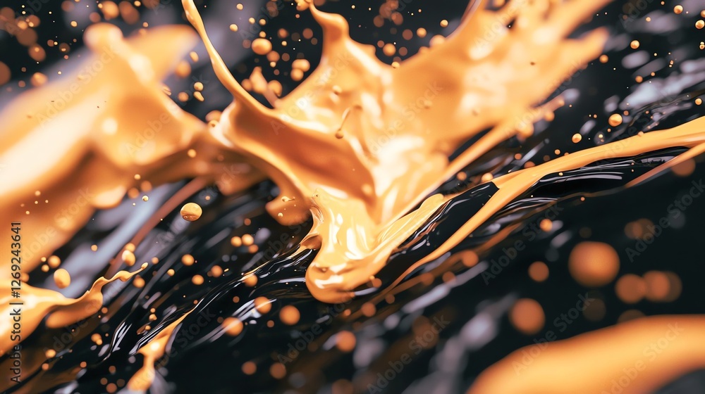 Poster dynamic splash of orange liquid on a dark background, creating a striking visual impact.