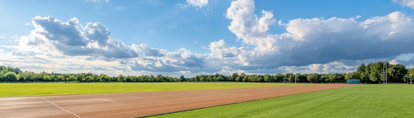 Fototapeta premium Expansive Green Sports Field Under Bright Blue Sky with Fluffy White Clouds on a Sunny Day