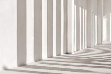 Fototapeta premium Abstract architecture with white pillars and shadows in sunlit hallway