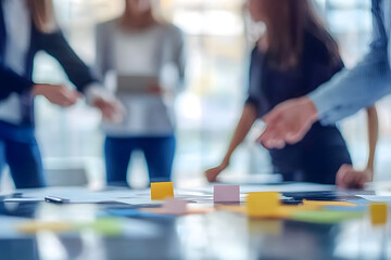 Obraz premium Teamwork, planning and blur with business people in meeting for discussion, presentation and brainstorming. Professional, workshop and consulting with group of employees in agency for speaker
