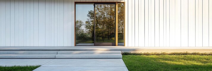Modern house entrance with glass door and concrete steps
