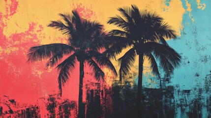 Palm trees vibrant color scheme tropical artwork.