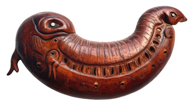 Artistic Creature Sculpture: A unique, intricately carved wooden sculpture of a fantastical creature, its form both organic and otherworldly, with detailed features and rich textures.