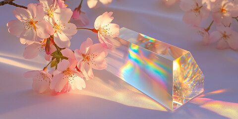 Glass prism refracting light on cherry blossoms