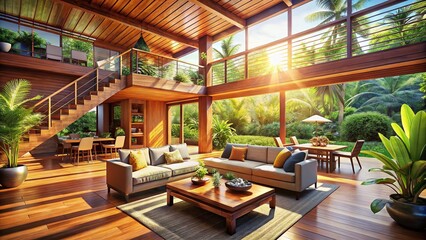 Fototapeta premium Sunlit Tropical Wooden House Interior: Open Plan Living, Balcony & Lush Garden View