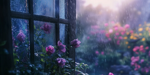 Raindrop-covered windowpane with blurred background and colorful flowers