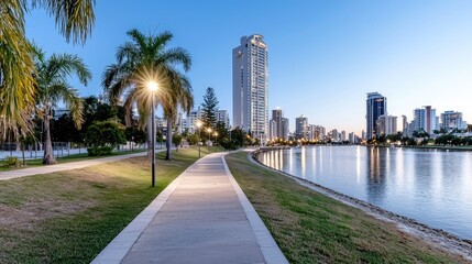 City park walkway at dawn by water