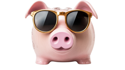 Cool Piggy Bank: A charming, pink piggy bank, sporting stylish sunglasses, embodying financial well-being and forward-thinking saving practices.