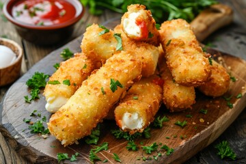 Fototapeta premium Crispy mozzarella sticks with dipping sauces. Artificial intelligence image