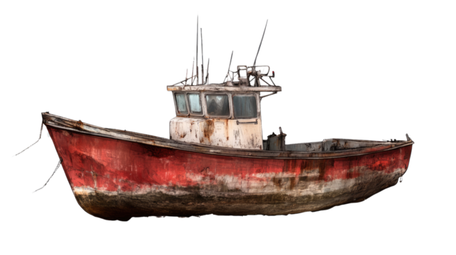 Weathered Fishing Boat: A rustic red and white fishing boat, showing signs of age and use. The weathered vessel, stands as a symbol of hard work and maritime heritage. - Powered by Adobe