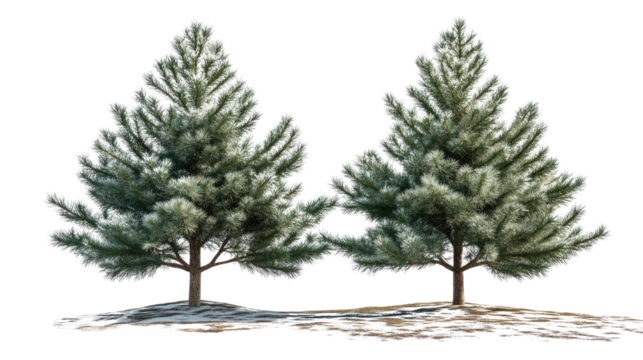 Twin Evergreen Majesty: Two majestic evergreen trees stand side-by-side, their lush green needles gently dusted with snow. a symbol of resilience, beauty, and the enduring power of nature