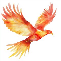 Obraz premium watercolor illustration of a bird in flight. The bird appears to be a phoenix, with its wings spread wide and its head turned towards the right side of the image.