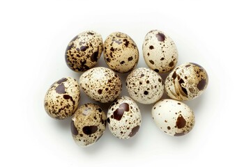 Fototapeta premium Cluster of speckled quail eggs on white background. Artificial intelligence image